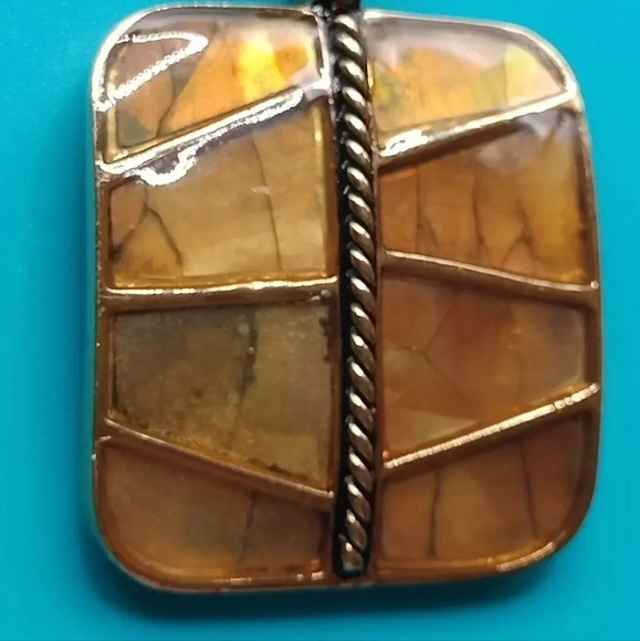 Monet Gold Tone Necklace Square Earth Tone Pendant iridescent 16" - Picture 3 of 8